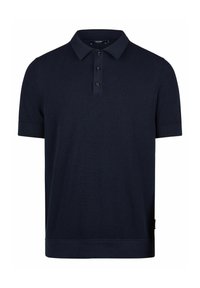 Navyblaues Strickpolohemd mit kurzen Ärmeln, einem klassischen Kragen, einer Drei-Knopf-Leiste und strukturiertem Stoff. Gerippter Saum und Bündchen.