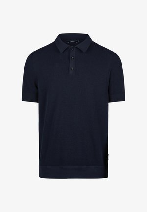 Marineblauwe gebreide poloshirt met korte mouwen, een klassieke kraag, een knoopsluiting met drie knopen en een textuurstof. Geribbelde zoom en manchetten.