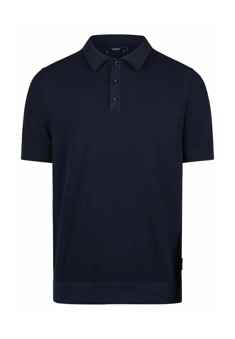 Navyblaues Strickpolohemd mit kurzen Ärmeln, einem klassischen Kragen, einer Drei-Knopf-Leiste und strukturiertem Stoff. Gerippter Saum und Bündchen.