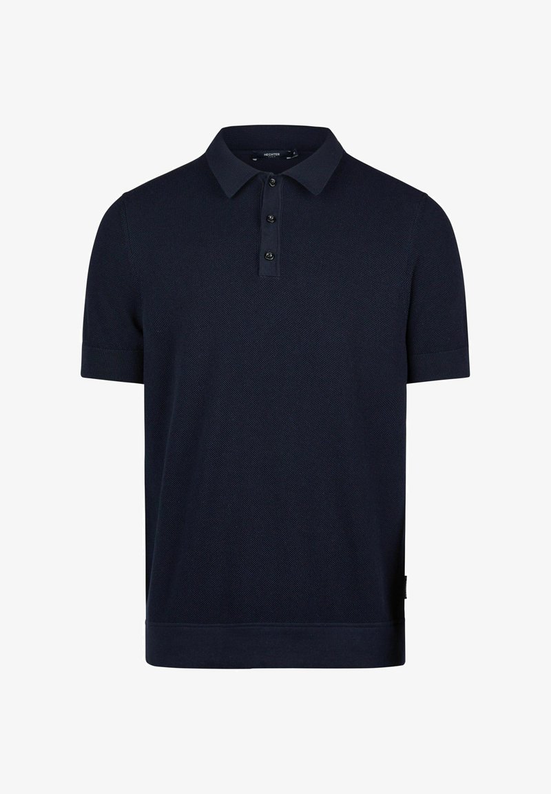 Navyblaues Strickpolohemd mit kurzen Ärmeln, einem klassischen Kragen, einer Drei-Knopf-Leiste und strukturiertem Stoff. Gerippter Saum und Bündchen.