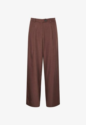 Brązowe spodnie o szerokich nogawkach z dopasowanym krojem, z zapięciem na guzik, fałdami i gładkim, teksturowanym materiałem.