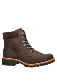 Brune læder ankelstøvler med en struktureret suede krave, metaløjeringer til snørebånd, og en robust gummisål med en kontrastfarvet syning.