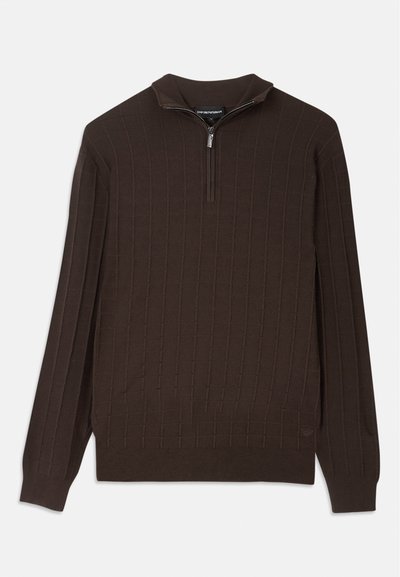 Brown knit sweater with a quarter-zip collar. Features a textured pattern with raised squares. Long sleeves and a straight hem.