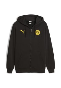 Sort zip-up hoodie lavet af bomuldsblanding. Har et gult Puma-logo og et rundt Borussia Dortmund-badge på brystet, samt to forlommer.