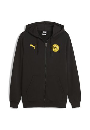Sort zip-up hoodie lavet af bomuldsblanding. Har et gult Puma-logo og et rundt Borussia Dortmund-badge på brystet, samt to forlommer.