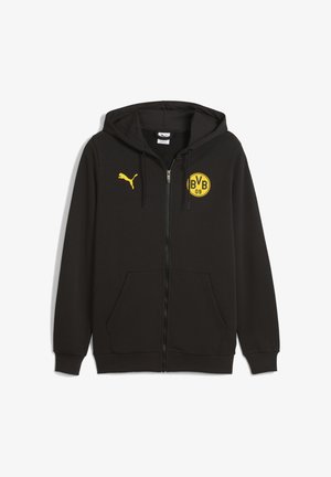 Felpa nera con zip in misto cotone. Presenta un logo giallo di Puma e un badge circolare del Borussia Dortmund sul petto, con due tasche frontali.