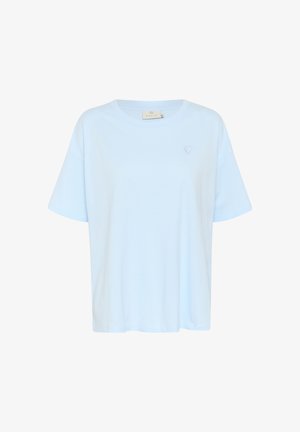 Hellblaues Baumwoll-T-Shirt mit kurzen Ärmeln, Rundhalsausschnitt und kleiner Herzstickerei auf der linken Brust. Lockere Passform und glatte Textur.