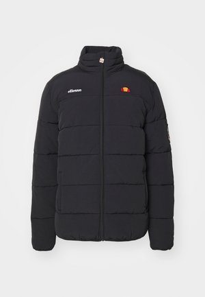 Schwarze Steppjacke mit hohem Kragen, Reißverschluss und horizontalen Nähten. Mit Logo auf der Brust und kontrastierenden Akzenten.