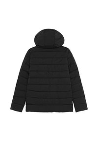 Sort puffer jakke med hætte, horisontal quiltet design og en let, glat tekstur. Enkel og funktionel stil.