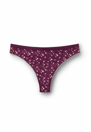 Tanga burdeos con un estampado floral de pequeñas flores rosas. Fabricado con una tela suave, cuenta con una cinturilla y bordes lisos.