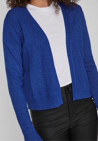 Blå stickad cardigan med V-hals och långa ärmar, med ribbade muddar och nederkant. Bärs över en vit T-shirt och svarta byxor.