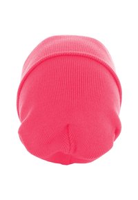 Bonnet en tricot côtelé rose vif avec un revers, vu de dessus sur un fond blanc.