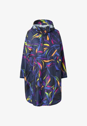 Poncho impermeabile in blu navy con motivi colorati di foglie a spirale. Presenta un cappuccio, chiusura a mezza zip e due tasche frontali.