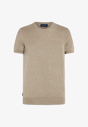 Beige short-sleeve knit sweater with ribbed neckline, cuffs, and hem, featuring a small brand tag near the bottom side seam.