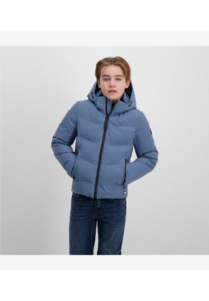 Blauwe pufferjack met een rits aan de voorkant, capuchon en gewatteerde structuur. Voorzien van een zwarte rits en lichte padding voor warmte.