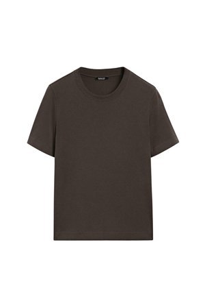 Dark brown cotton t-shirt with short sleeves, a crew neckline, and a smooth texture. Features no patterns or graphics.