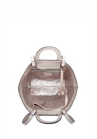 Borsa a mano in pelle beige con texture liscia, forma rotonda, doppio manico superiore e interno foderato in raso con un tenue motivo a logo.