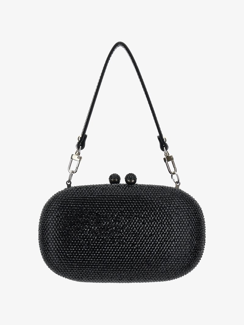 Musta clutch-laukku pyöreällä muodolla, päällystetty teksturoiduilla mustilla helmillä. Varustettu mustalla nahkahandulla ja hopeasulkijalla, jossa on kaksi koristeellista nappia.