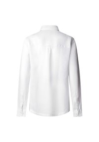 Camicia bianca a maniche lunghe realizzata in tessuto di cotone liscio. Presenta un colletto classico, polsini con bottoni e un dettaglio a yoke sul retro.
