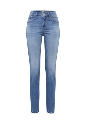 Lyseblå denimjeans med høj talje, lige ben, diskret falmet effekt, forlommer og enkelt knaplukning.