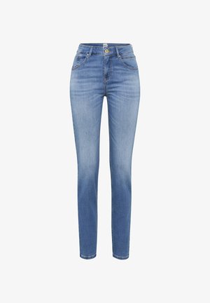 Lyseblå denimjeans med høj talje, lige ben, diskret falmet effekt, forlommer og enkelt knaplukning.