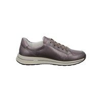 Lässiger Sneaker mit niedrigem Schaft aus metallisch grauem Leder, mit Schnürung vorne und gepolsterter beiger Sohle, seitlich dargestellt.