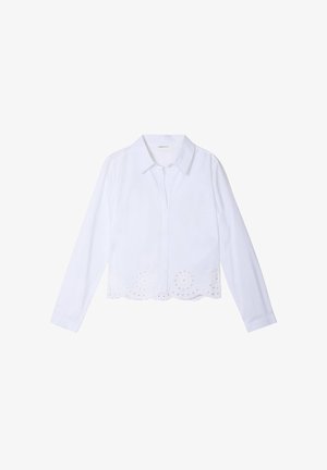 Witte overhemden met lange mouwen, met geborduurde gegolfde zoom en uitgesneden cirkelvormige patronen langs de onderrand.