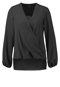 Blusa avvolgente nera a maniche lunghe in tessuto effetto satinato. Scollo a V con un dettaglio sottile in pizzo sul lato interno. Tessuto morbido, vestibilità comoda.