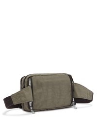 Olive green rectangular bag with two zipper compartments, featuring a textured fabric and adjustable brown strap for a secure fit.