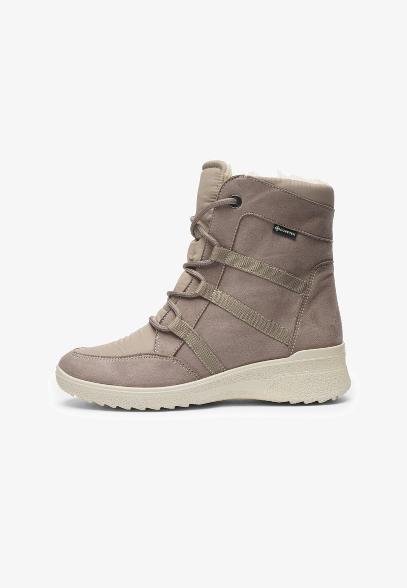 Taupe mid-calf winter boot with laces, Gore-Tex tag, padded interior lining, and textured off-white rubber sole for outdoor use.