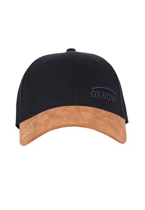 Casquette de baseball noire avec une visière incurvée en daim beige et un logo brodé "OXBOW" sur le panneau avant droit.