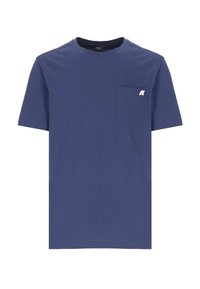 T-shirt in cotone blu navy con maniche corte, scollatura a girocollo e taschino frontale con un accento di logo bianco. Texture liscia.