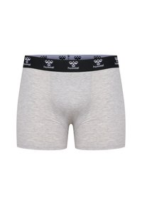 Grå boxershorts av mjuk bomullsblandning, med svart midjeband som har vit logotyp och dekorativ sömnad på frampanelen.