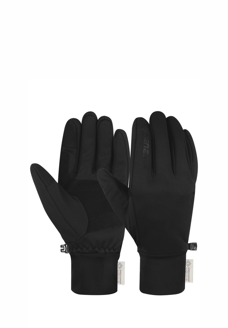 Schwarze Handschuhe aus elastischem Material mit glatter Textur. Verfügen über einen anliegenden Puffer, eine griffige Handfläche und eine dezente Markenkennzeichnung.