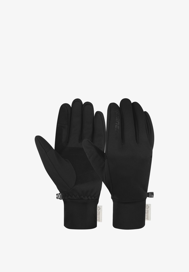 Schwarze Handschuhe aus elastischem Material mit glatter Textur. Verfügen über einen anliegenden Puffer, eine griffige Handfläche und eine dezente Markenkennzeichnung.
