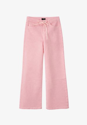 Lichtroze jeans met wijde pijpen, voorzakken en een aantrekkoord in de taille, gemaakt van denim stof.
