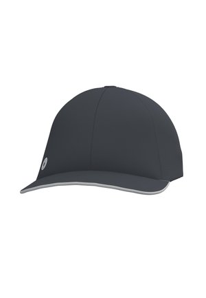 Black baseball cap with a smooth fabric texture, a grey visor and trim, featuring a small logo on the side. Domed crown design.