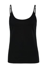 Black tank top with adjustable spaghetti straps, made of a smooth, stretchable fabric. Features a rounded neckline and a fitted silhouette.