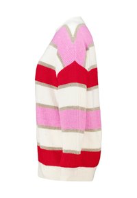 Gestreepte trui met een V-halsontwerp in de kleuren rood, roze en crème, accentueert met gouden horizontale lijnen. Getextureerde brei stof.