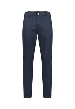 Pantaloni sartoriali blu navy realizzati in tessuto liscio, con chiusura frontale a bottoni e dettagli di cucitura discreti, dal design slim-fit.