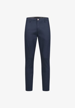 Navy blue tailored pants made of smooth fabric, featuring a front button closure and subtle stitching details, with a slim-fit design.
