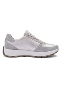 Light gray suede sneaker with lace-up closure, thick white sole, and brown textured outsole, shown from the side.