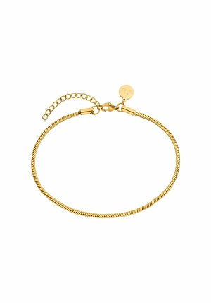 Armband in Goldton mit gedrehtem Design, ausgestattet mit einem Karabinerverschluss und einer Kettenerweiterung. Beinhaltet einen kleinen runden Logo-Anhänger.