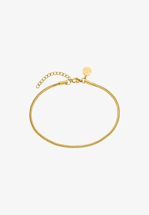 Gouden armband met een gedraaide design, voorzien van een kreeftsluiting en een kettingverlengstuk. Inclusief een kleine ronde logo charmes.