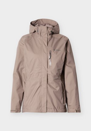 Veste imperméable marron clair avec capuche, fermeture éclair à l'avant, poche poitrine et sangles ajustables aux poignets, logo Columbia brandé sur la poitrine.