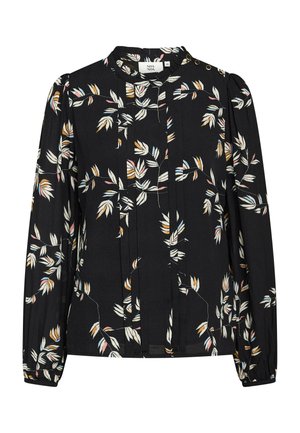 Black blouse with long sleeves, featuring a floral pattern in white and pastel colors. Includes pleated details and button accents at the neckline.