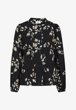 Schwarze Bluse mit langen Ärmeln, die ein florales Muster in Weiß und Pastellfarben aufweist. Sie hat gefältelte Details und Knopfakzente am Ausschnitt.