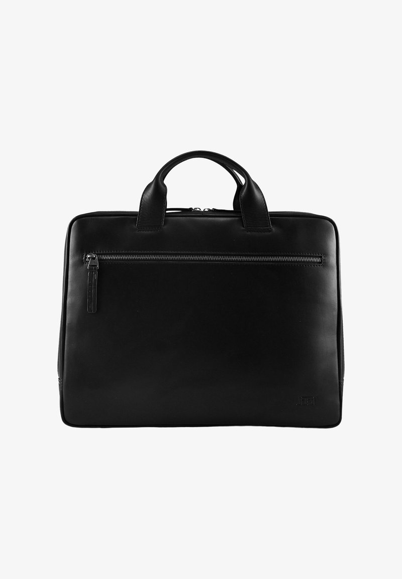 Schwarze Leder-Aktentasche mit zwei Griffen und einer horizontalen Vordertasche mit Reißverschluss, dargestellt vor weißem Hintergrund.