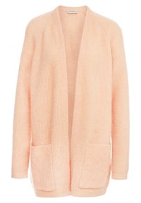 Open-front cardigan in soft peach knit, featuring long sleeves, two front pockets, and ribbed texture. No fastenings or additional patterns.