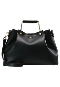 Sort læderhåndtaske med et afslappet design, der har en bærehank, en aftagelig skulderrem og hardware-accents i guldtoner.